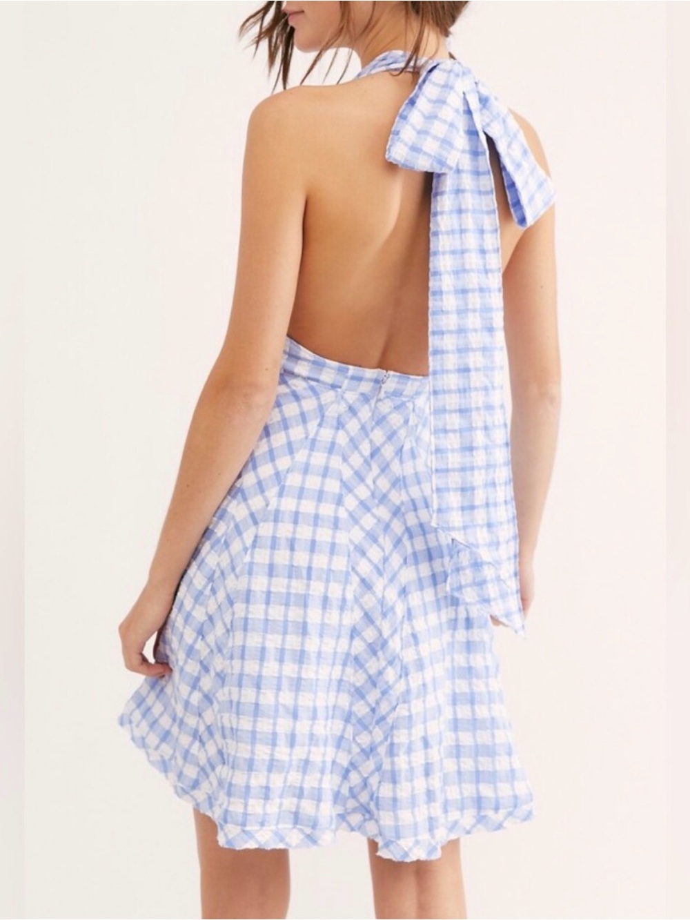 Free People Blue and White Gingham Halter Backless Dress - Picture 2 of 5